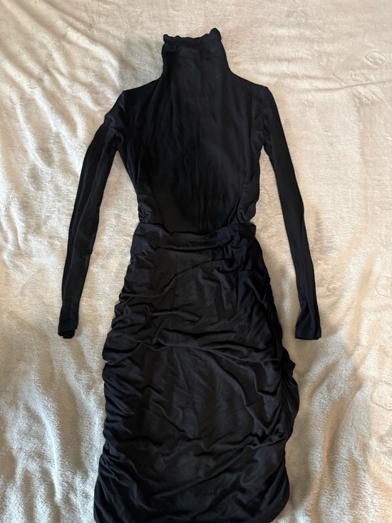 Halogen Black Ruched Turtleneck Bodycon Dress Midi Long Sleeve Stretch Pullover - Picture 2 of 5